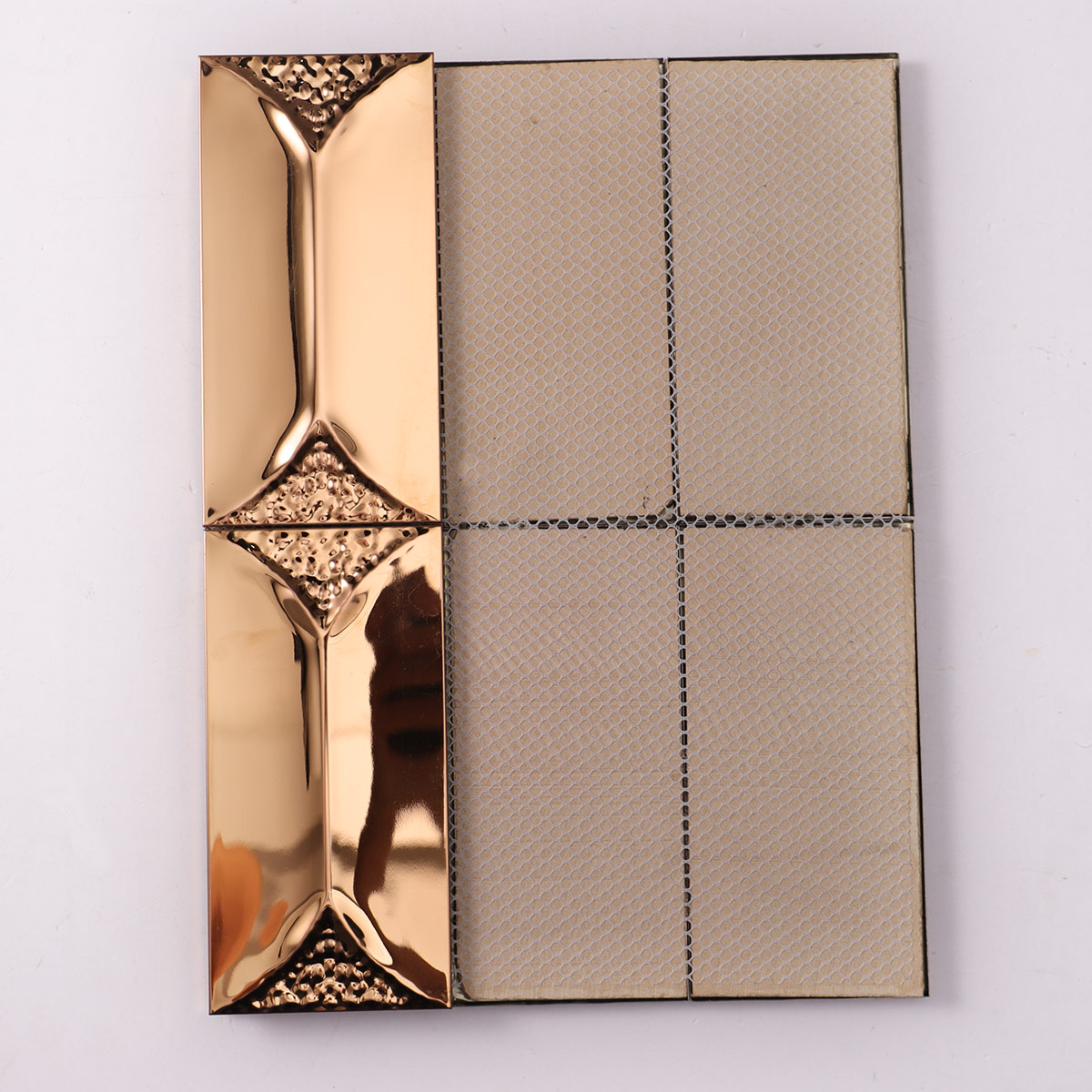 Back side of champagne gold metal mosaic tiles, fold, mesh mounted