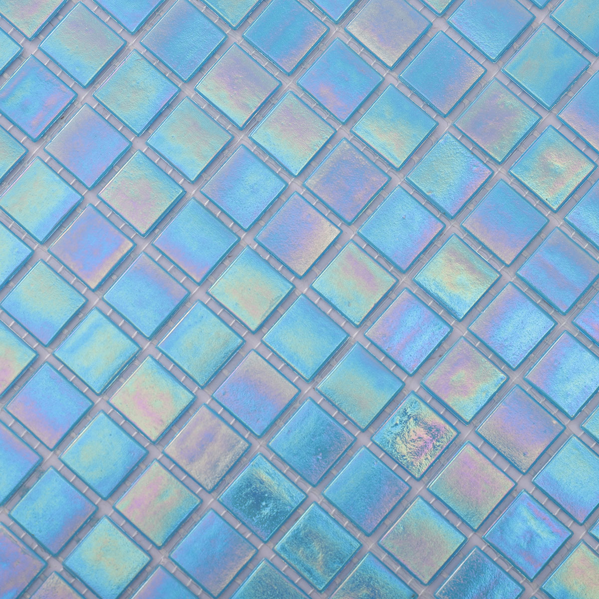 Second close-up of iridescent sky blue square glass mosaic tiles