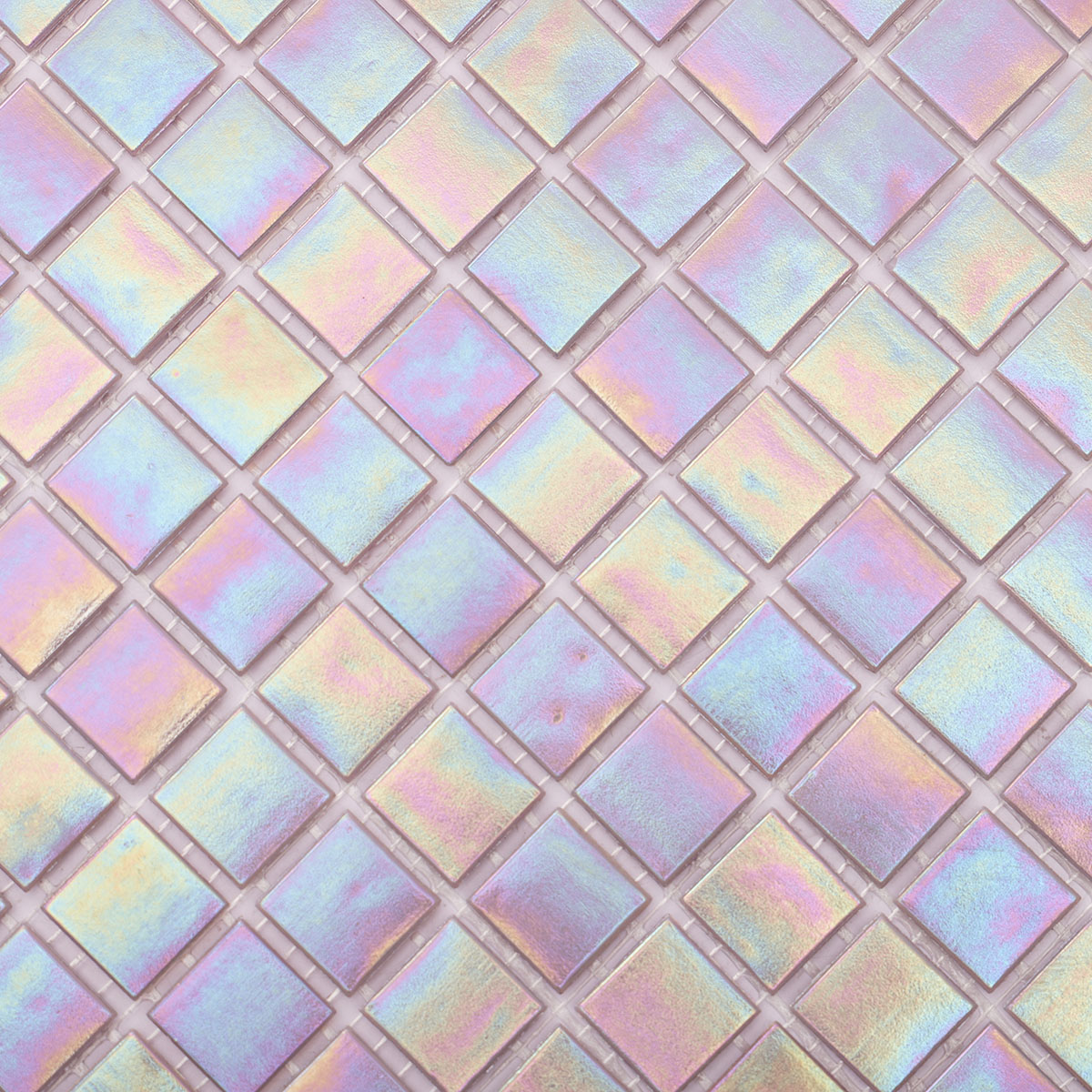 Close-up of purple iridescent square glass mosaic tiles