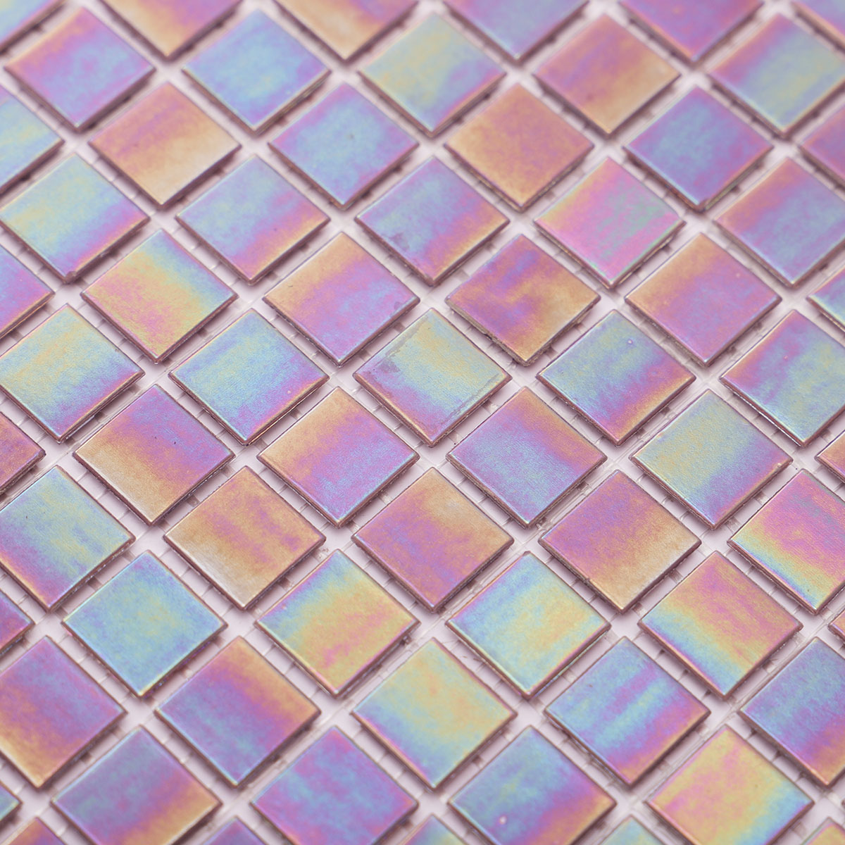 Close-up of purple rainbow glass mosaic tiles
