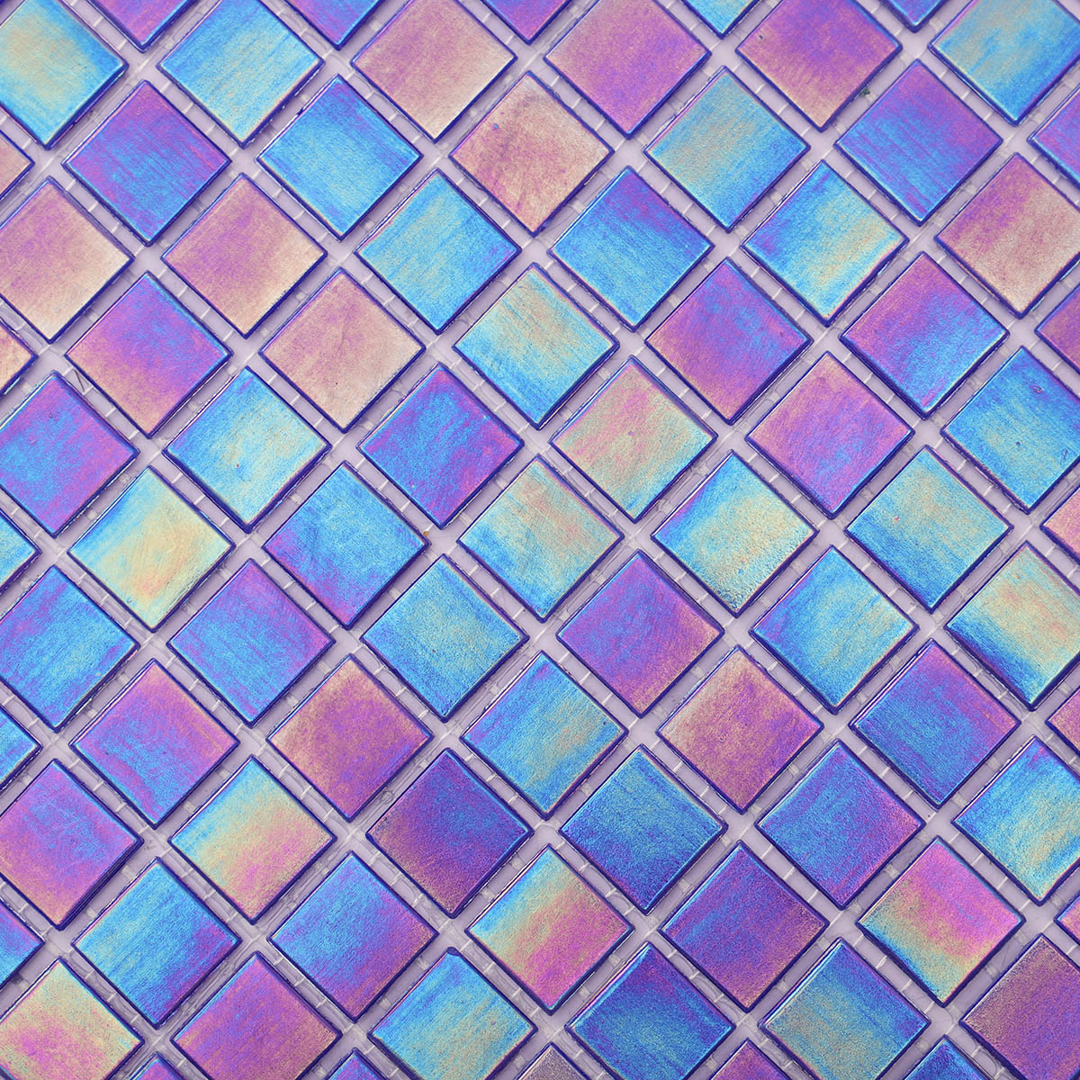 Close-up of cobalt blue iridescent square glass mosaic tiles