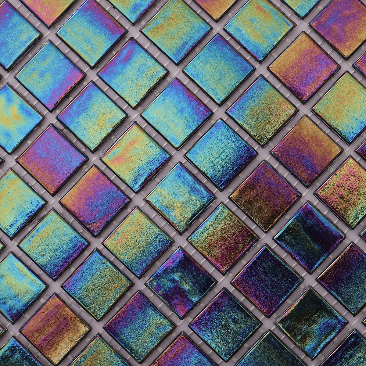 Close-up of multicolor iridescent square glass mosaic tiles