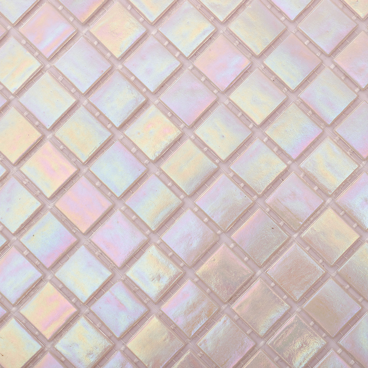 Close-up view of pearly iridescent pink square glass mosaic