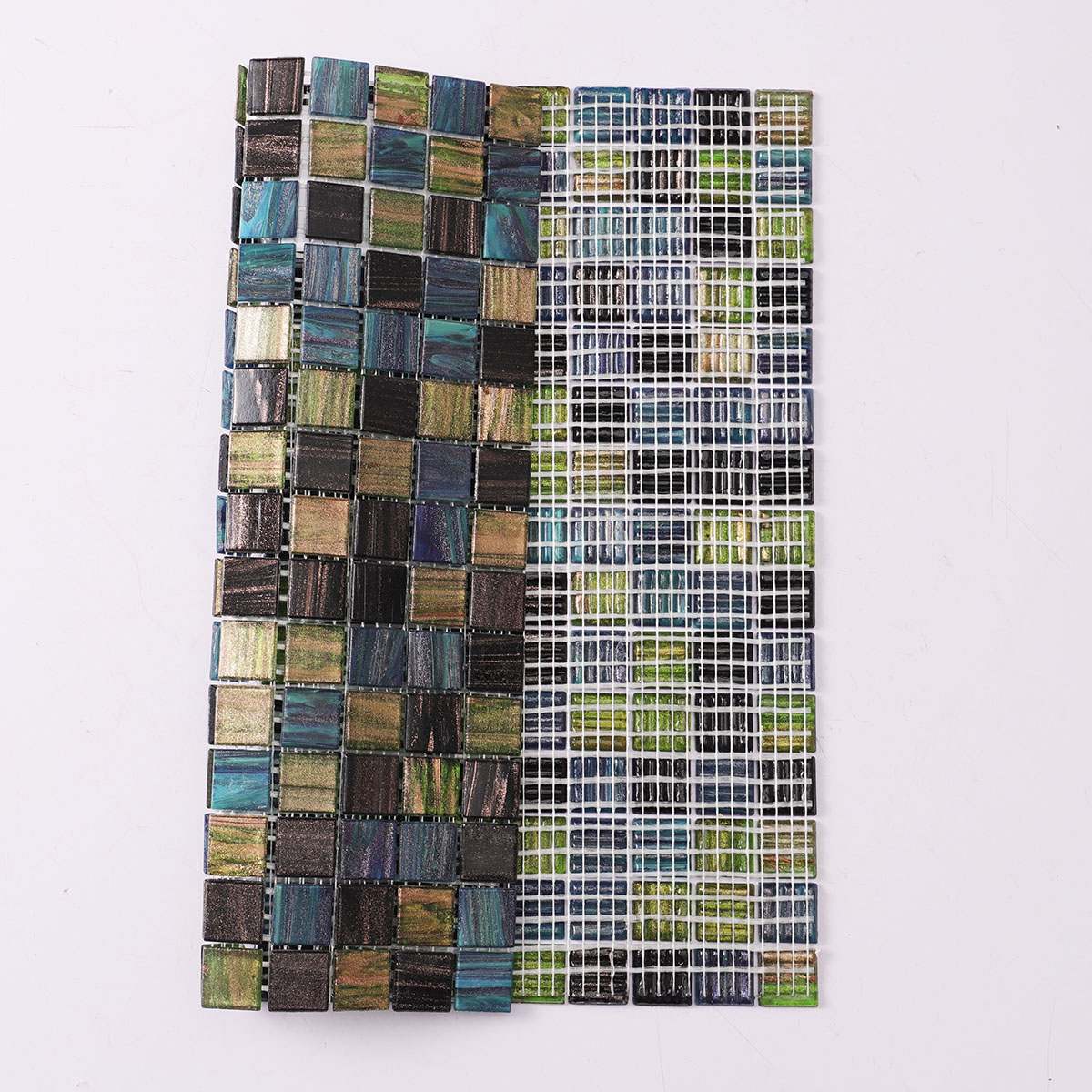 Back side of olive green and black mix square glass mosaic tiles, folded