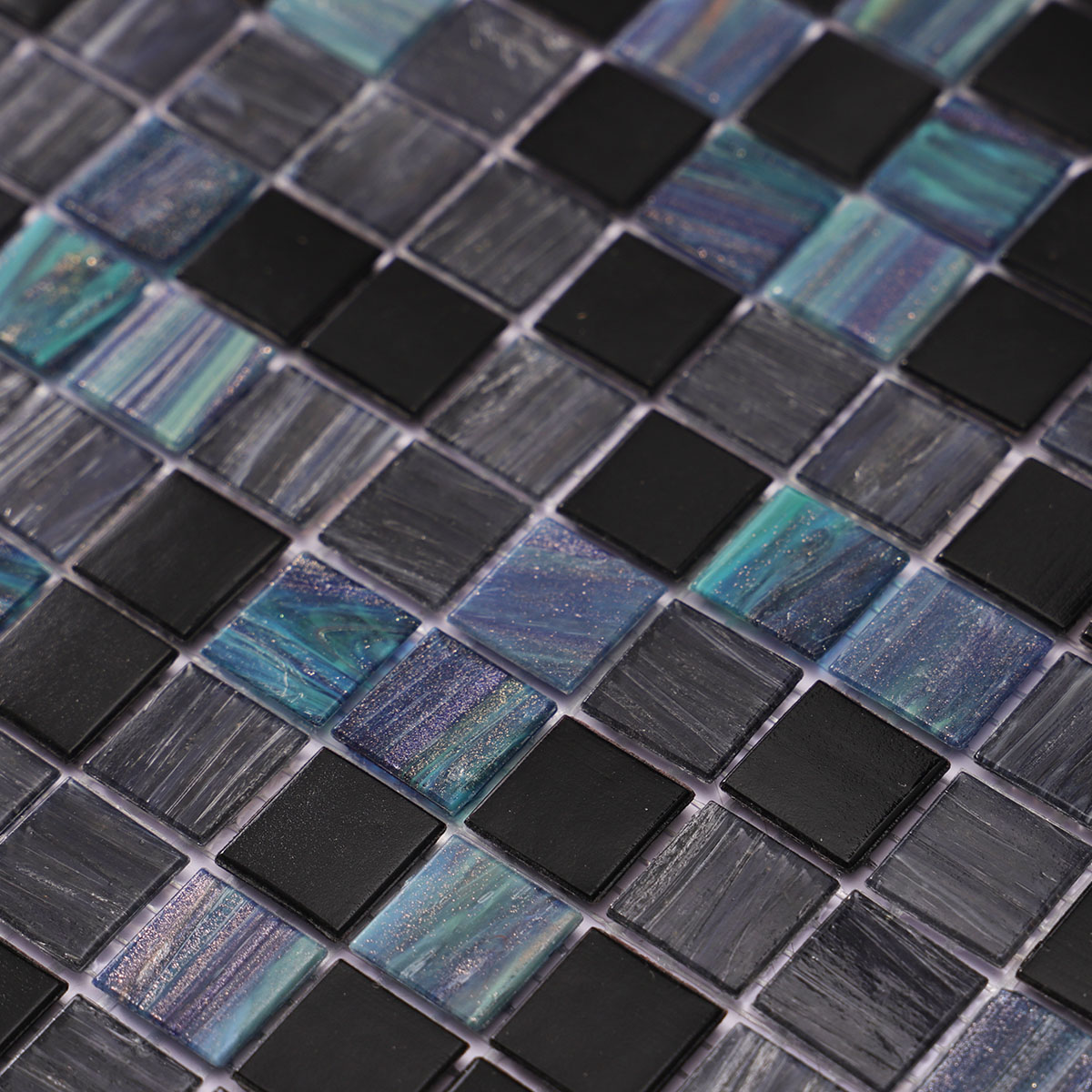 Close-up of green and black joint square glass mosaic tiles