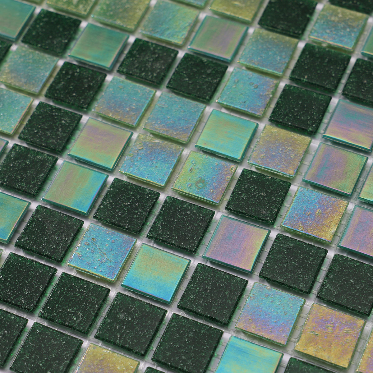 Close-up of iridescent green square glass mosaic tiles