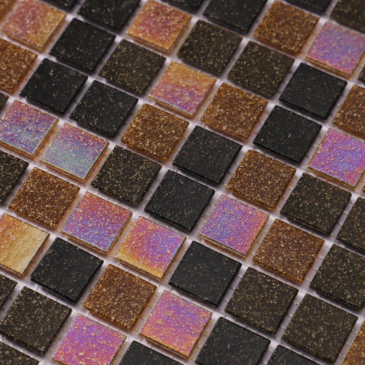 Close-up of brown and black mixed square glass mosaic tiles