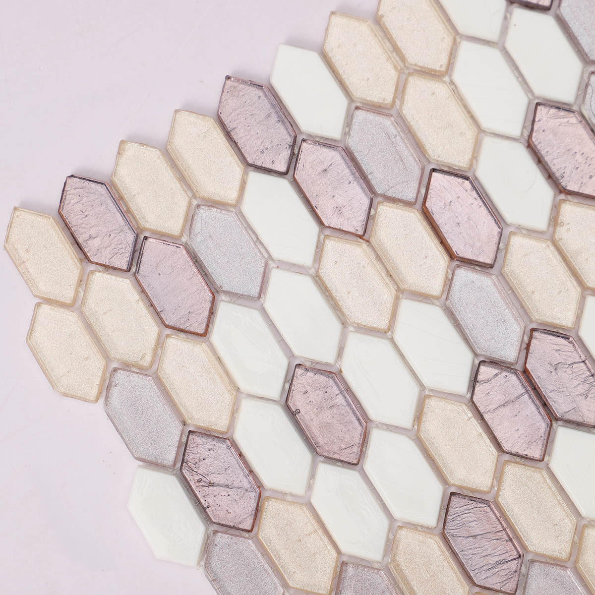 Side close-up of light purple and white picket glass mosaic tiles