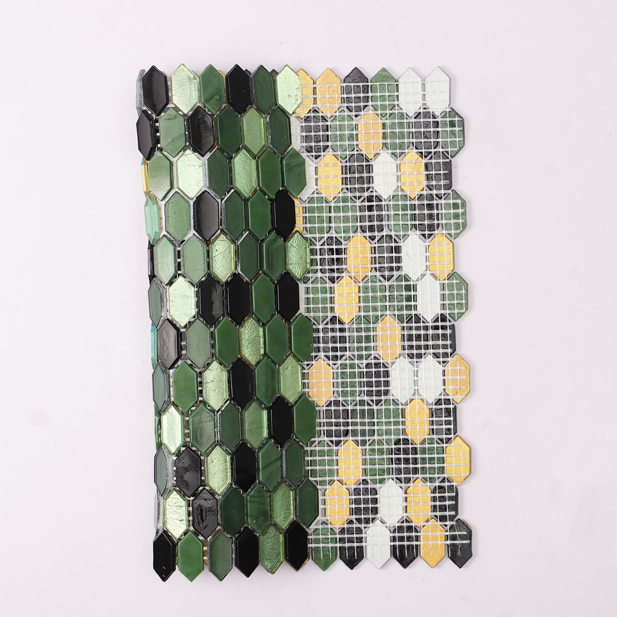 Folded view of back side of mini picket green and black glossy glass mosaic tiles