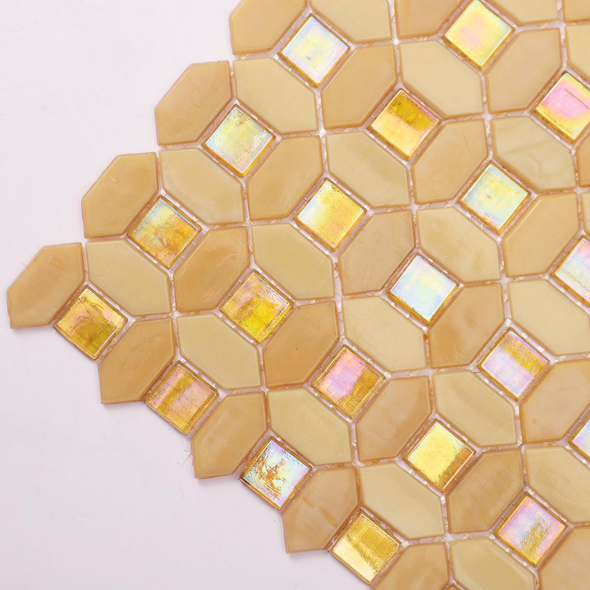 Close-up of side angle of iridescent orange picket glass mosaic tile
