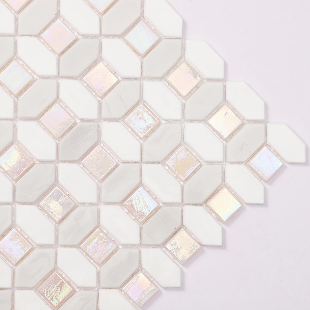 Close-up side view of white and light gray picket glass mosaic tile