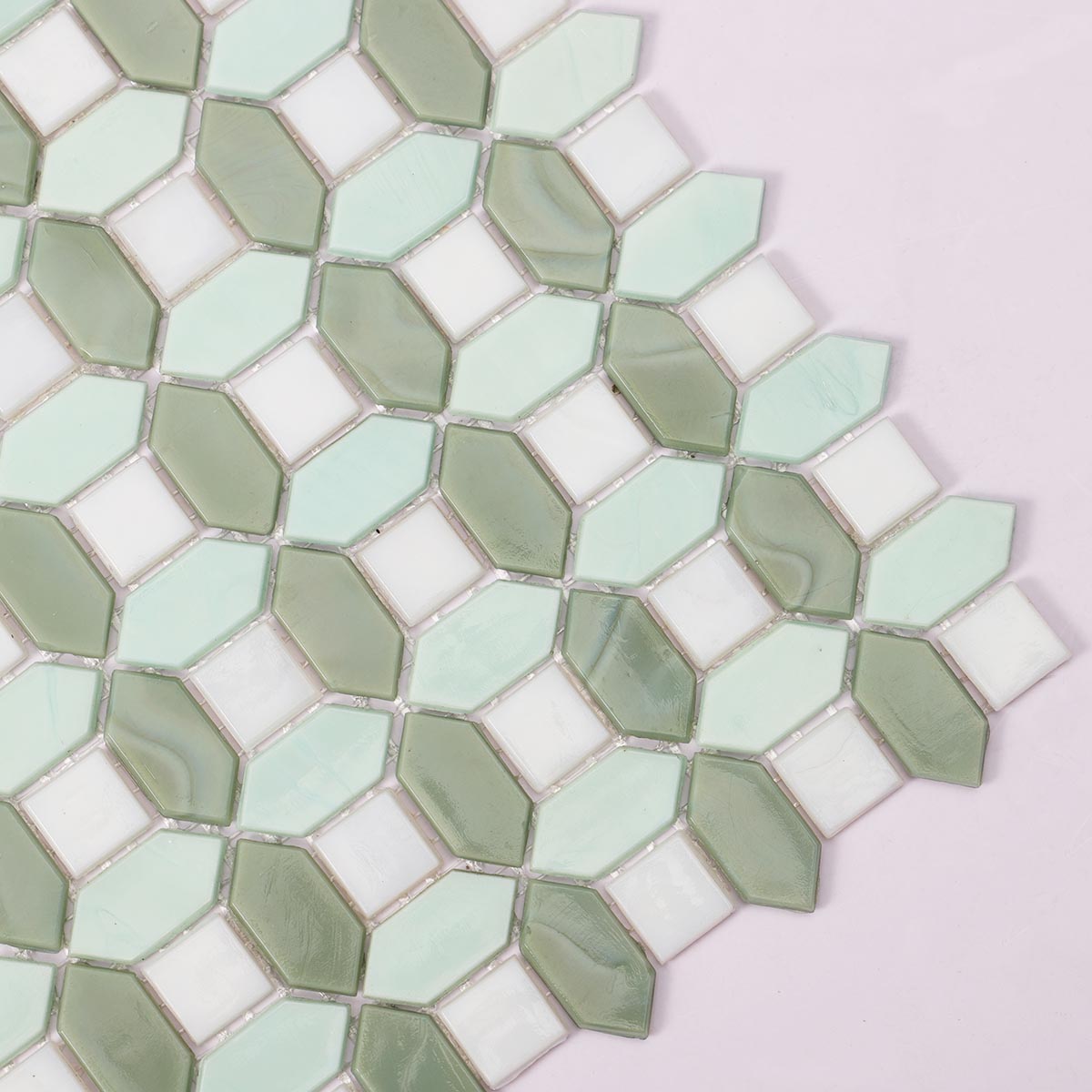 White and coastal green picket glass mosaic tile close-up