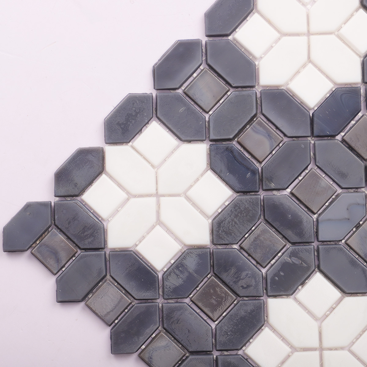 Gray and white picket with square glass mosaic tiles close-up