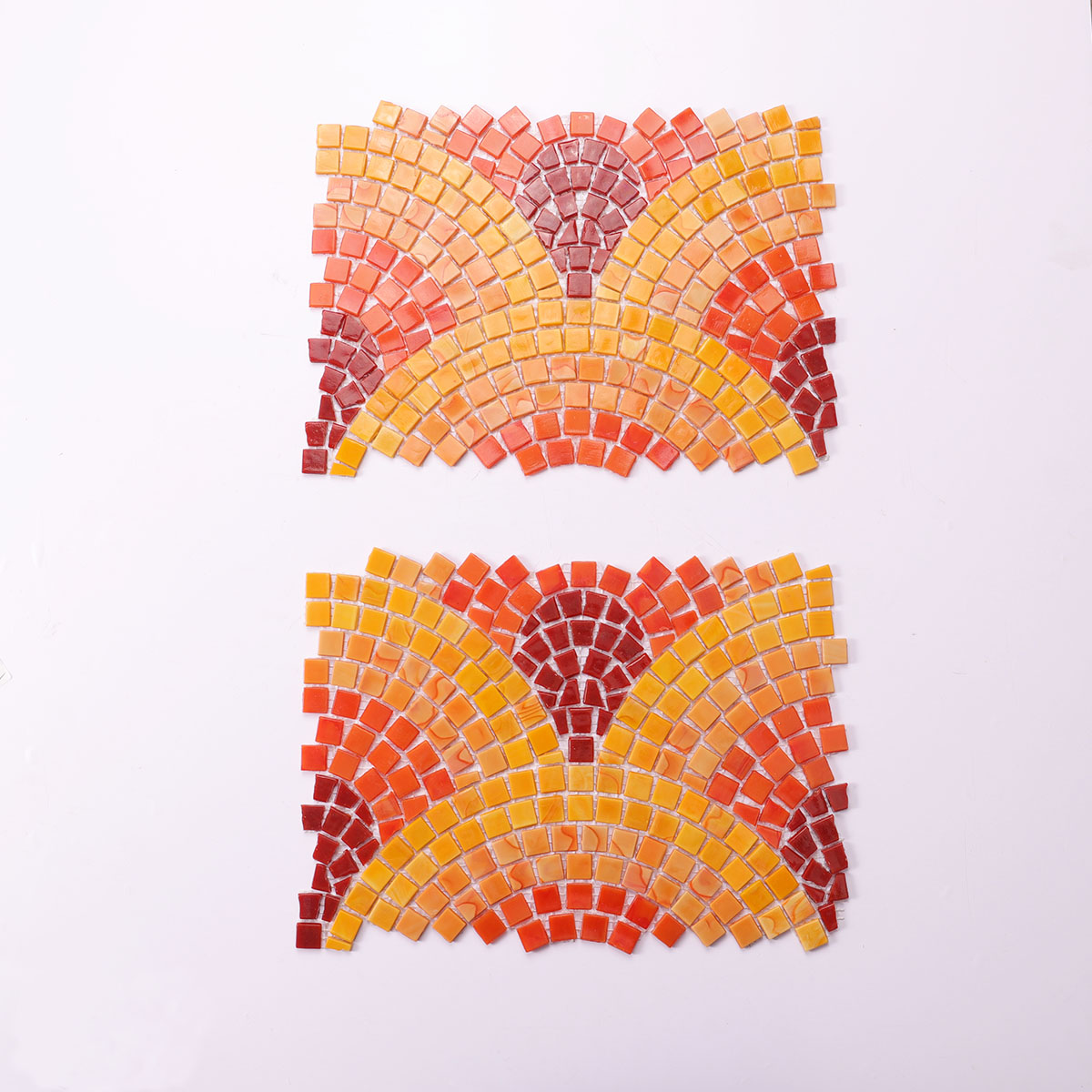 Close-up of orange and red glass mural mosaic for wall art