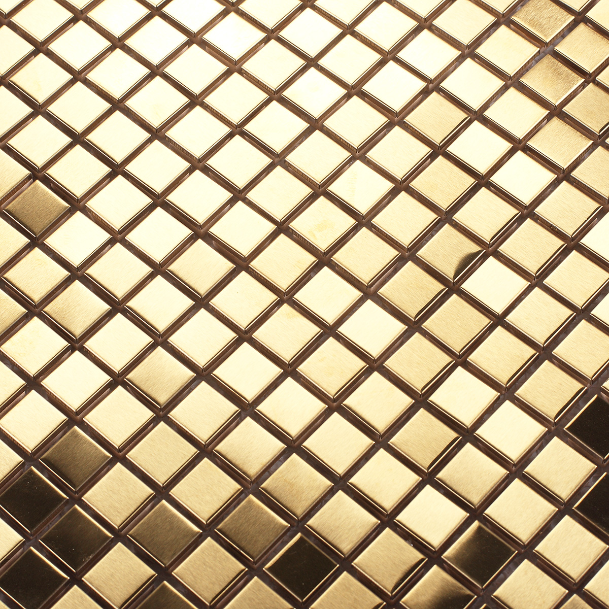 Detailed close-up of metallic gold square mosaic tiles.