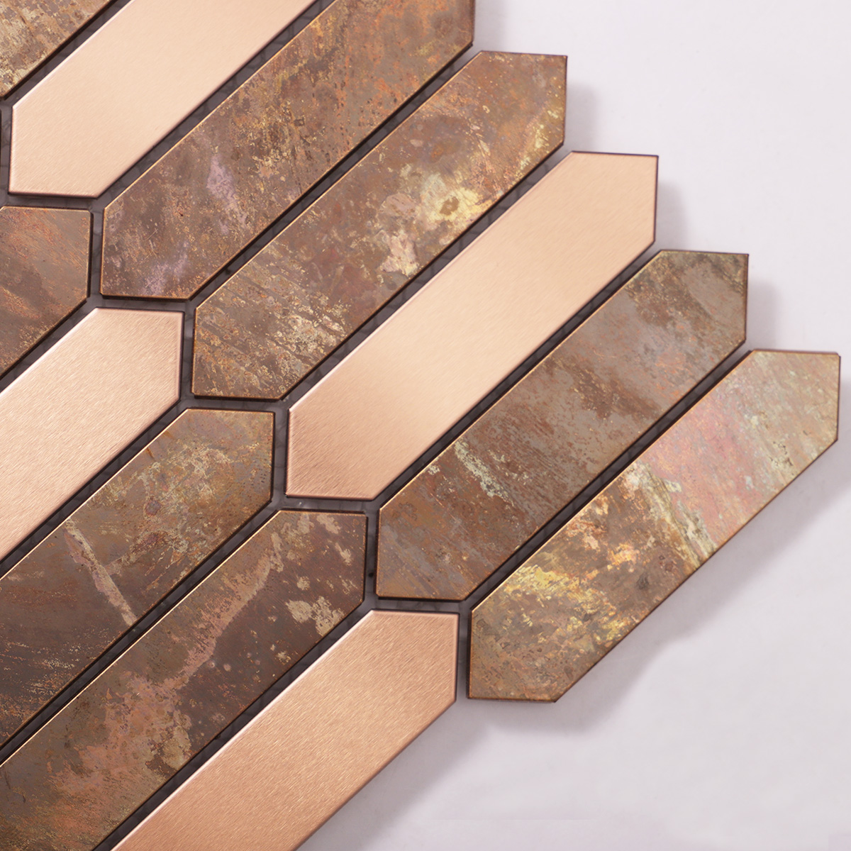 Close-up view of Picket copper and stainless steel metal mosaic tiles.