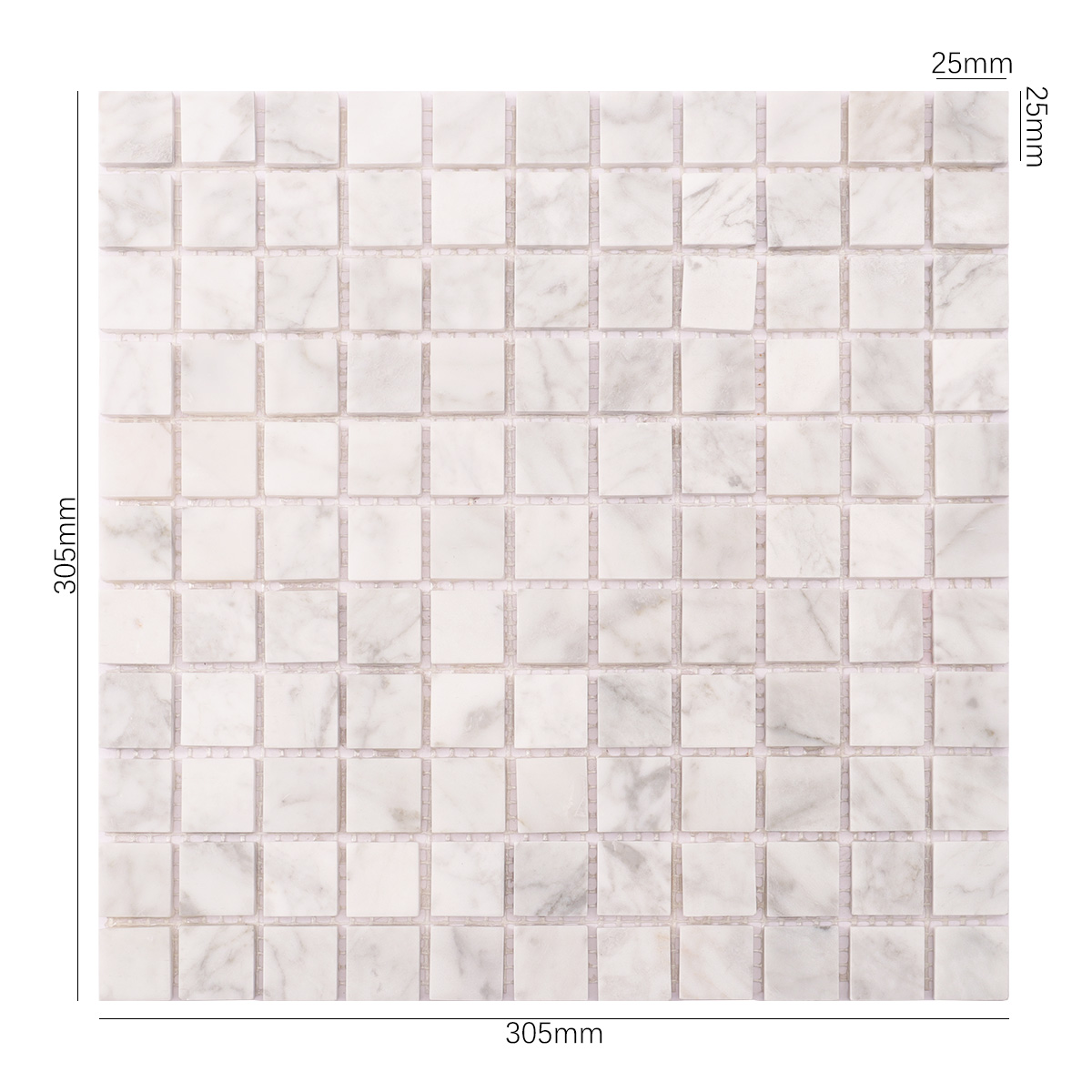 Obverse side of White Carrara square marble mosaic stone tile, showing size