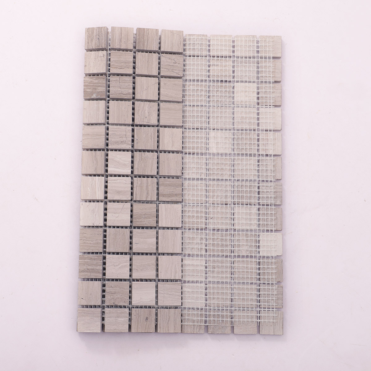 Back side of Grigio Legno square marble mosaic tiles, folded.