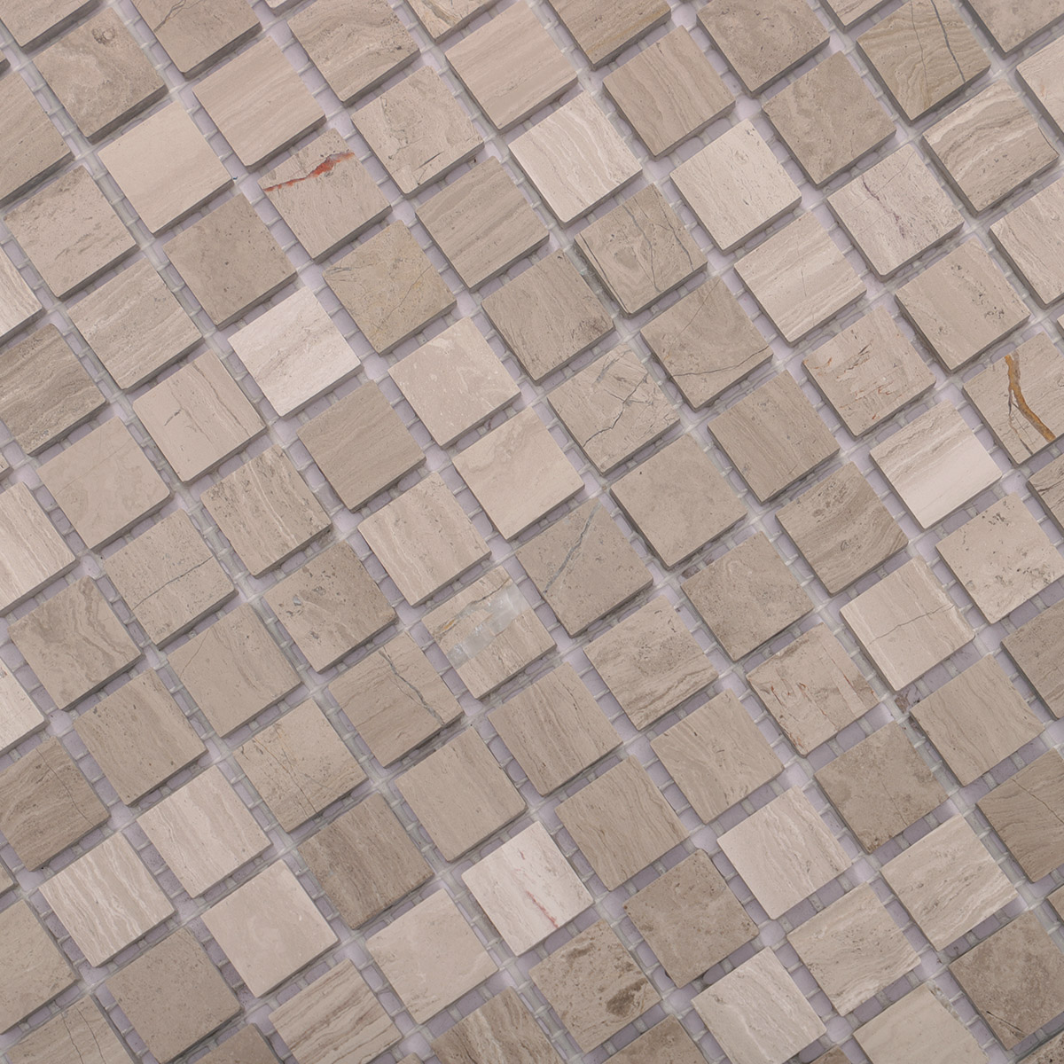 Detailed close-up of Grigio Imperiale square marble mosaic tiles.
