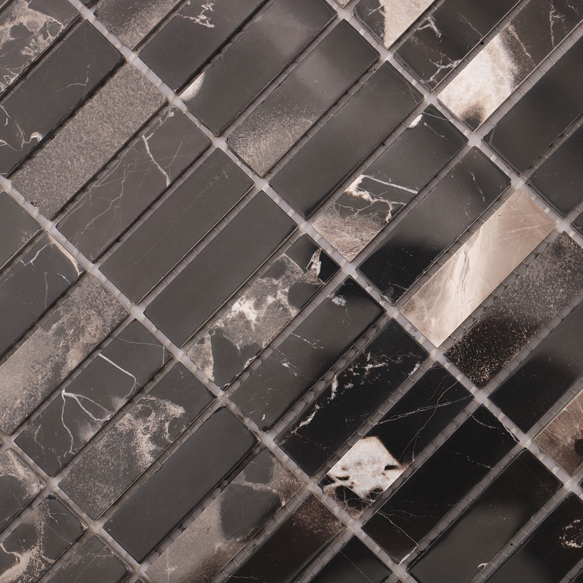 Close-up of Nero Marquina black polished marble mosaic tile.