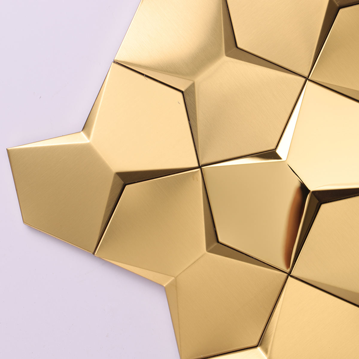 Close-up of rose gold 3D stainless steel hexagon mosaic tiles.