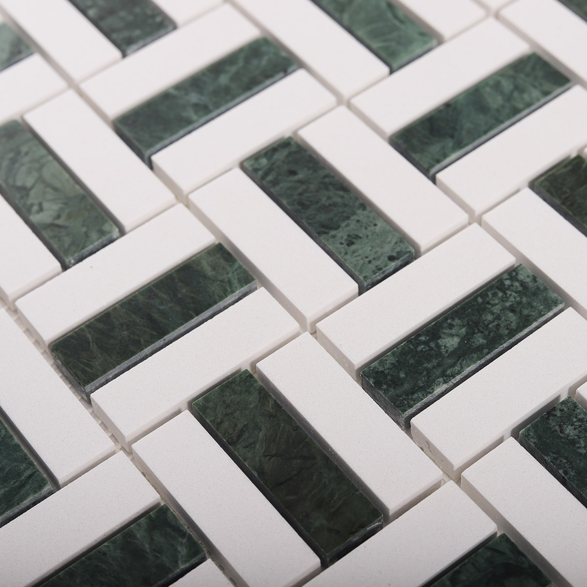 Empress Green and White Marble Mosaic Basketweave Tiles-SAICINA TILES