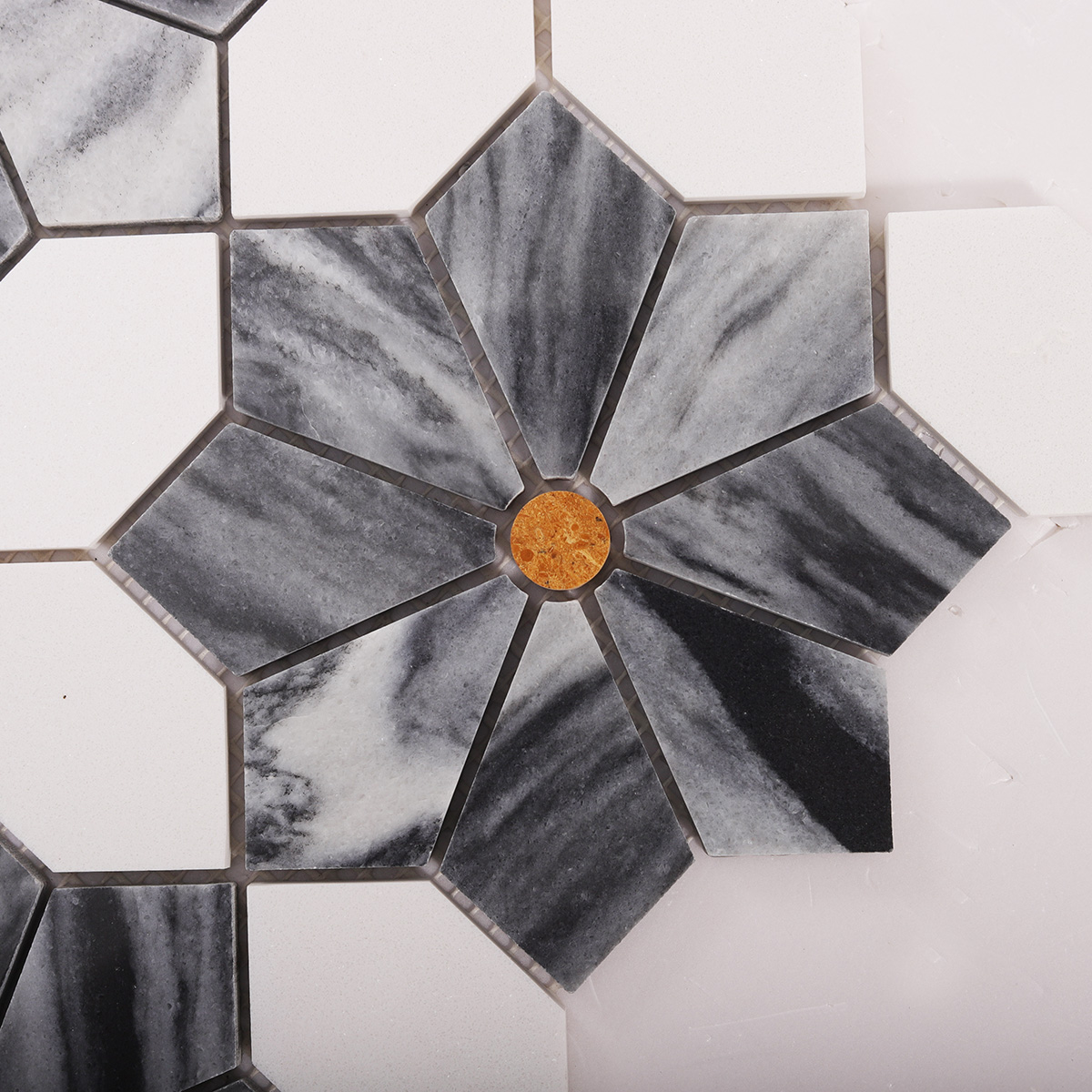 Close-up of gray & white flower marble mosaic tiles