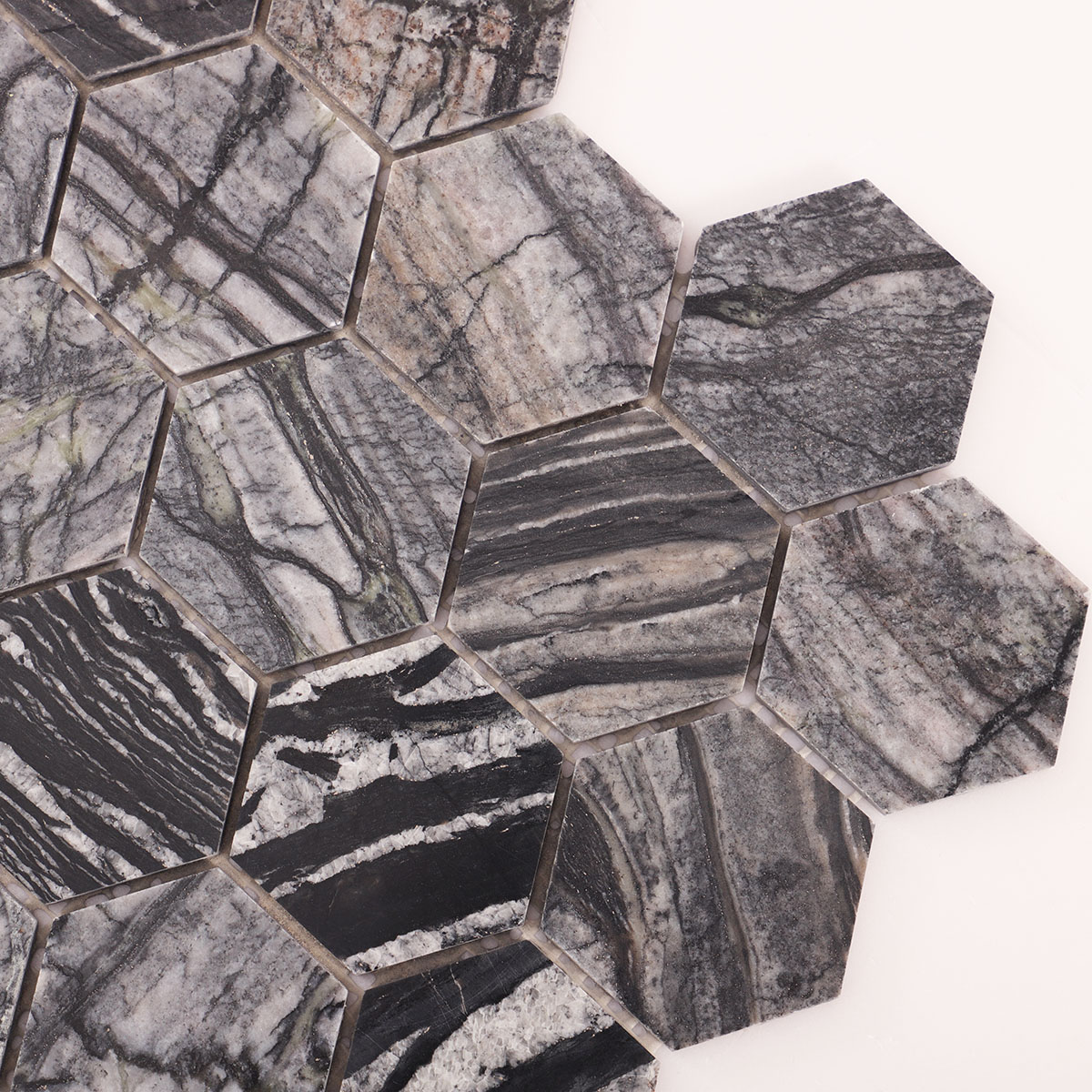 Detailed close-up of dark grey hexagon marble mosaic tiles