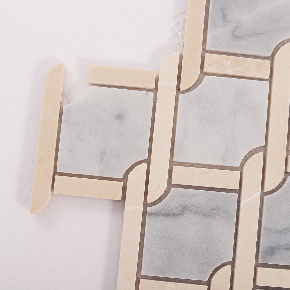 Detailed close-up of Gray and Beige Princess Weave Rope marble mosaic tiles.