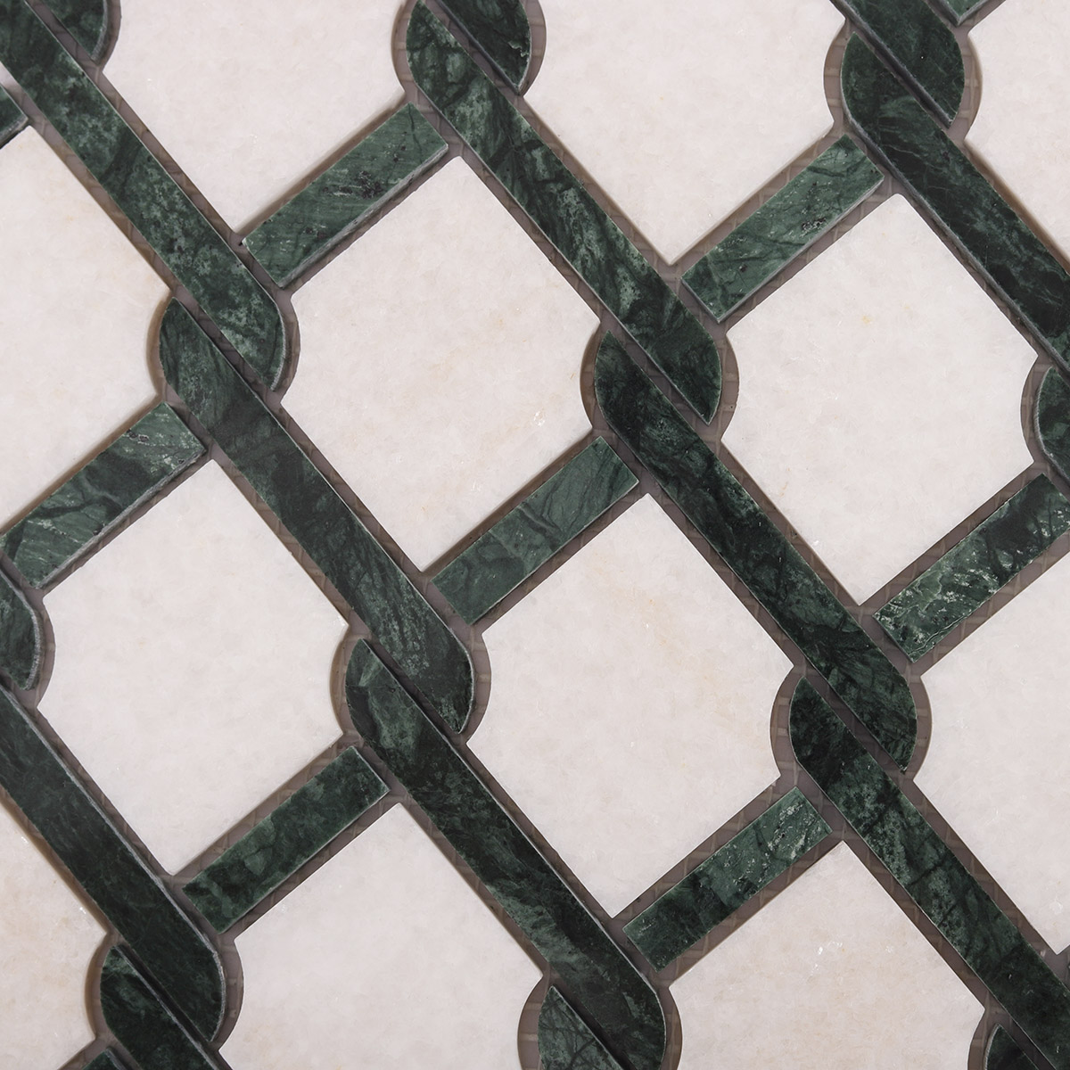 Close-up of Thassos Green and White Princess Weave natural stone mosaic tiles
