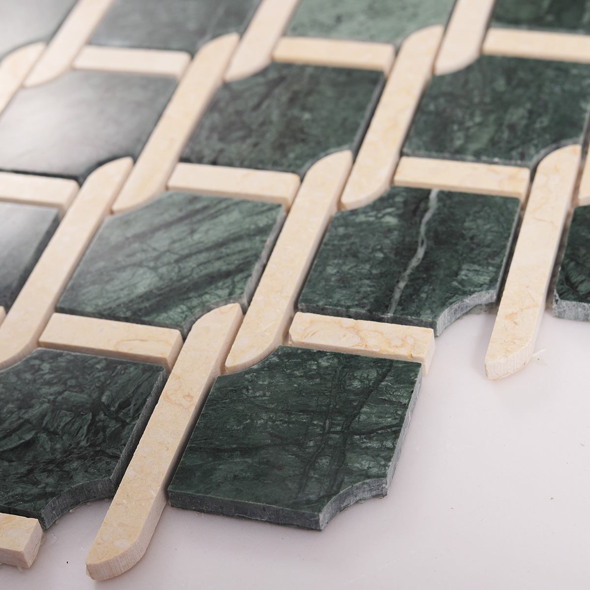 Side close-up view of Rockart Medallion Green polished marble mosaic tiles