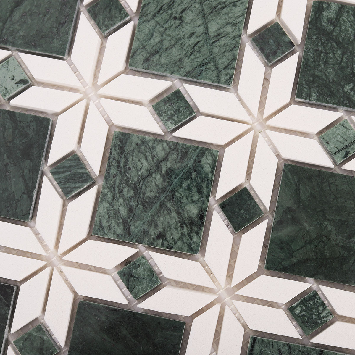 Detailed close-up of Green and White Natural Marble Flower mosaic tiles