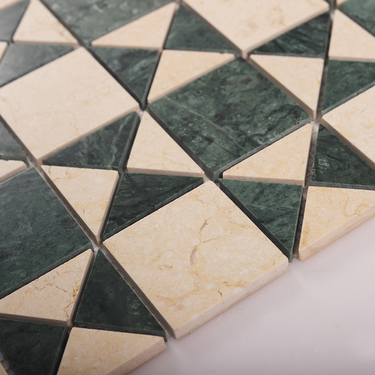 Side close-up view of Natural Marble Green and Beige Mosaic Tiles, showing texture and thickness