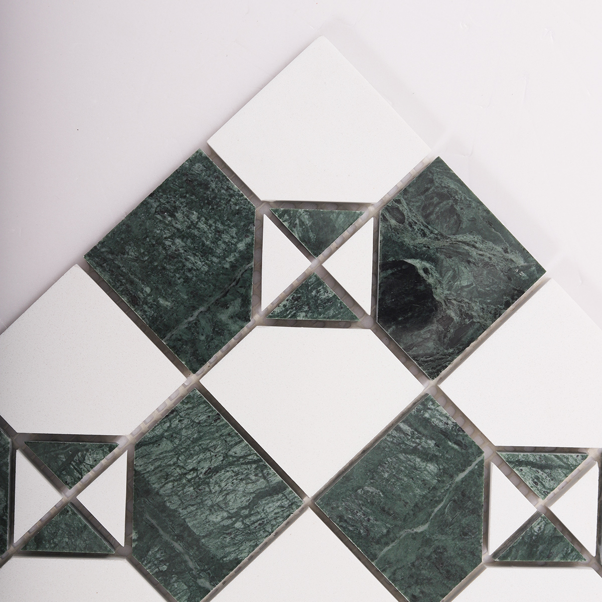 Close-up of Green Mixed White Natural Stone Retro Mosaic Tiles.