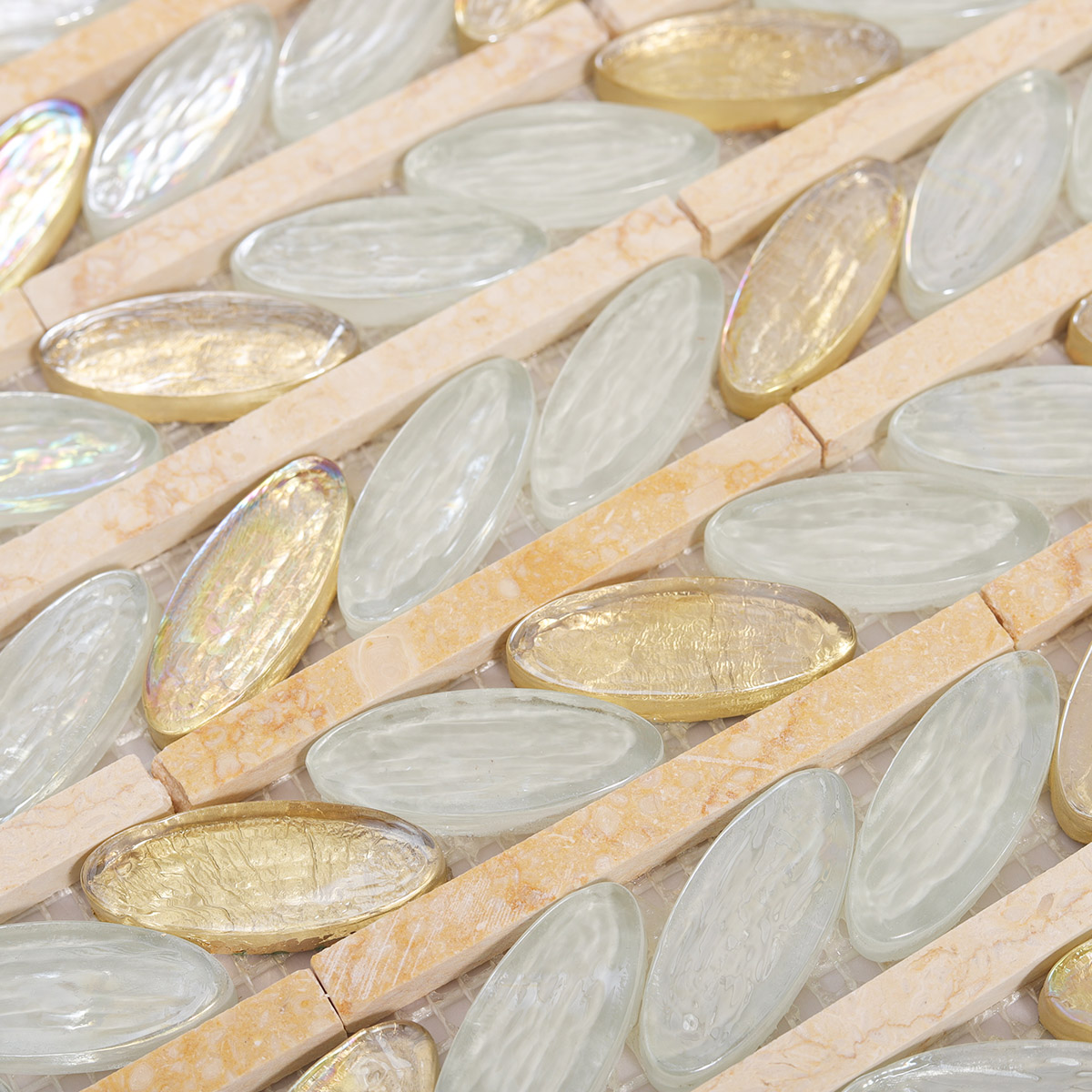 Close-up of Glass and Marble Oval Leaf Mosaic Tiles