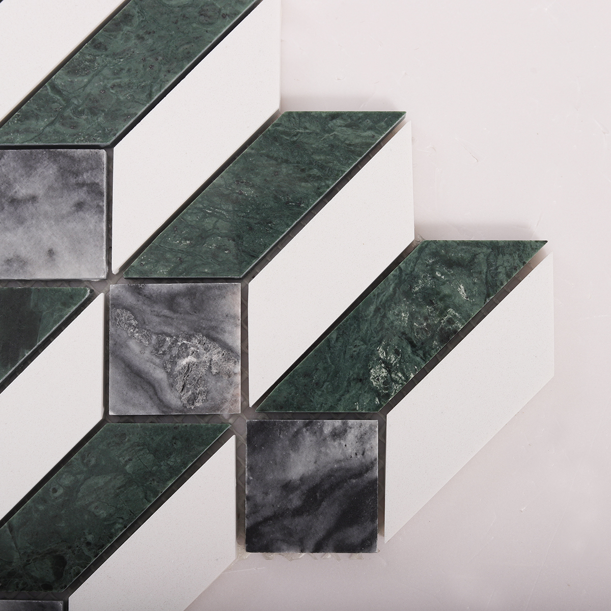 Close-up of Green and White Picket Marble Mosaic Tiles