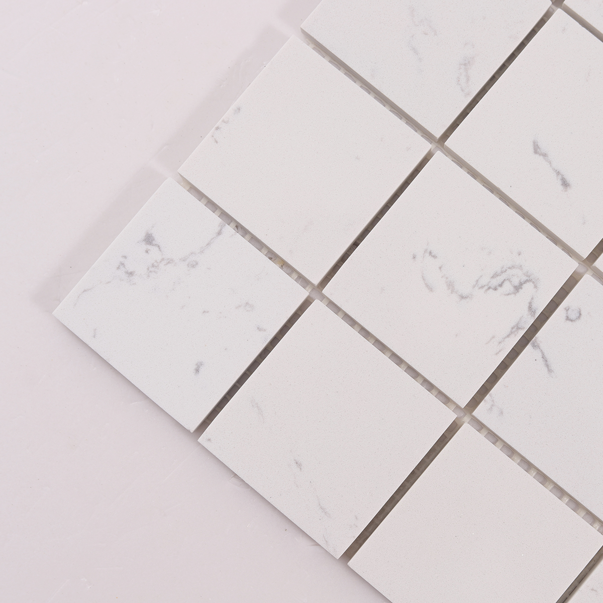 Close-up of White Square Polished Marble Mosaic Tiles