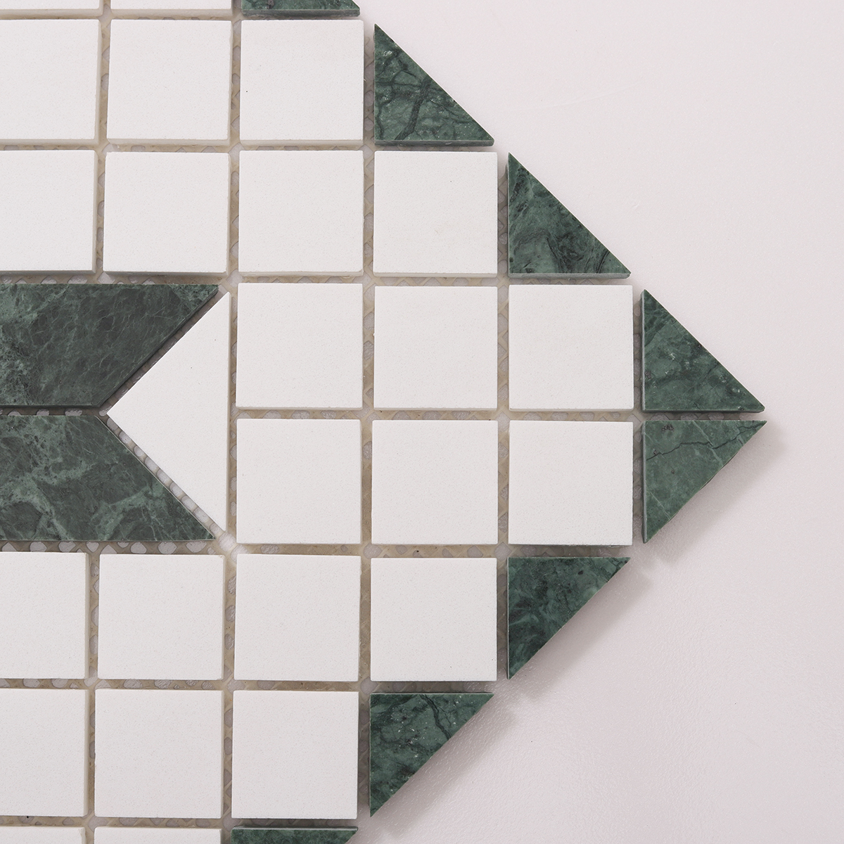 Close-up of Green & Snow White Multi-Finish Star Marble Mosaic Tiles