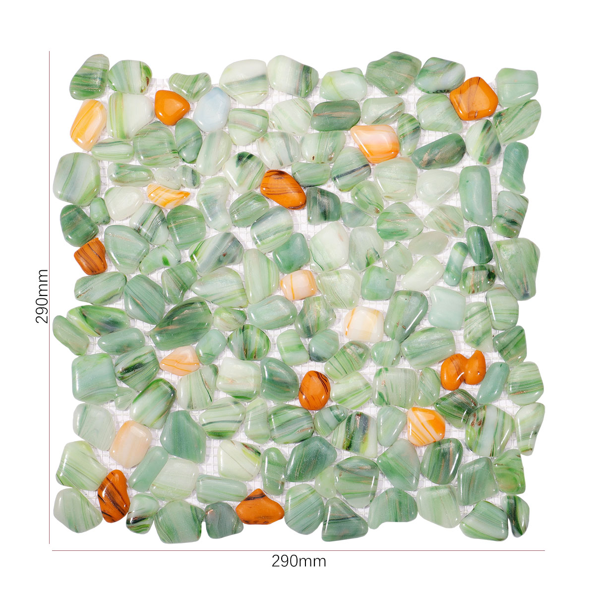 Front view of a sheet of green glass pebble mosaic tiles with indicated size.