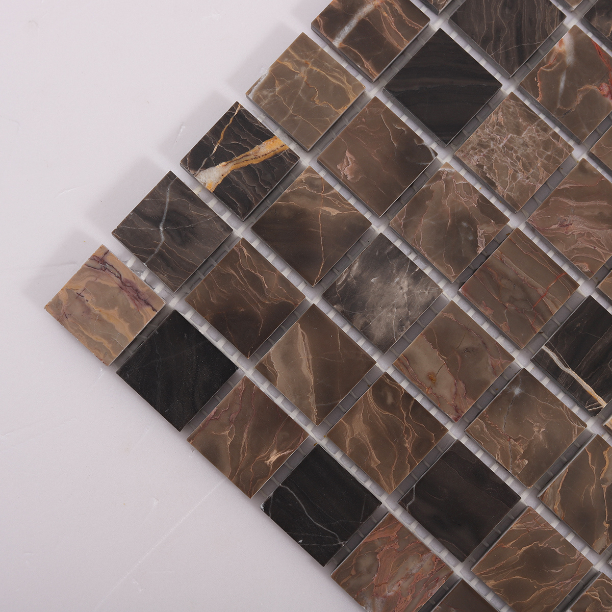  Detailed view of Dark Emperador Marble Square Mosaic Tiles, showing marble veining