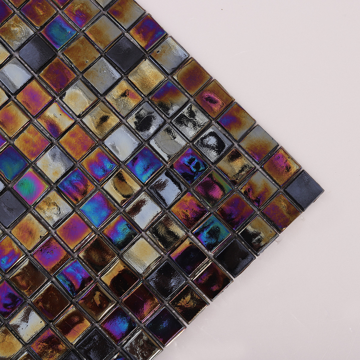 Detailed view of Black Iridescent Square Mosaic Tile, showing iridescent effect