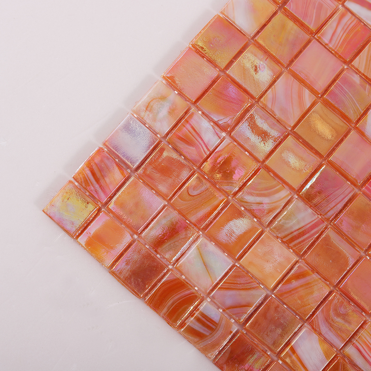 Close-up of Burnt Orange Iridescent Glass Mosaic Tile, texture detail