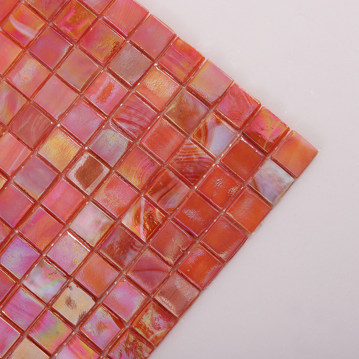 Close-up of Orange Square Glass Mosaic Kitchen Tiles, texture detail