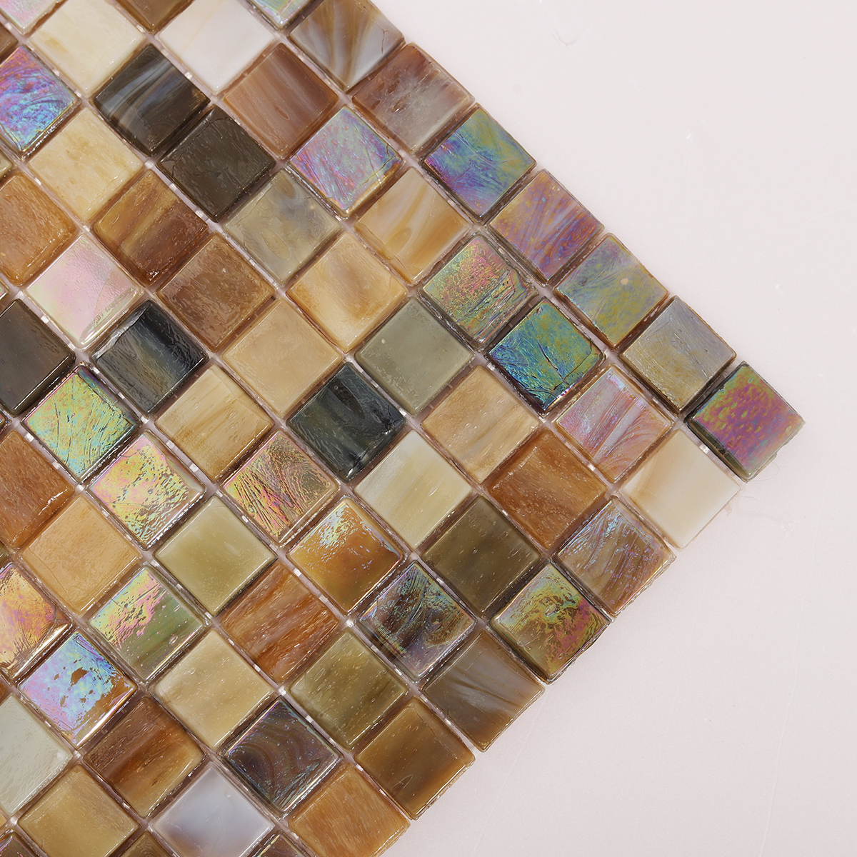 Close-up of Iridescent Brown Square Glass Mosaic Wall Tile, texture detail