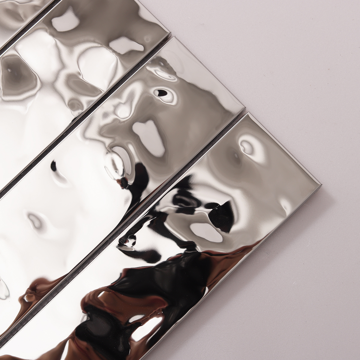 Detailed view of Silver Stainless Steel Stacked Mosaic Tiles, showing sleek metallic finish