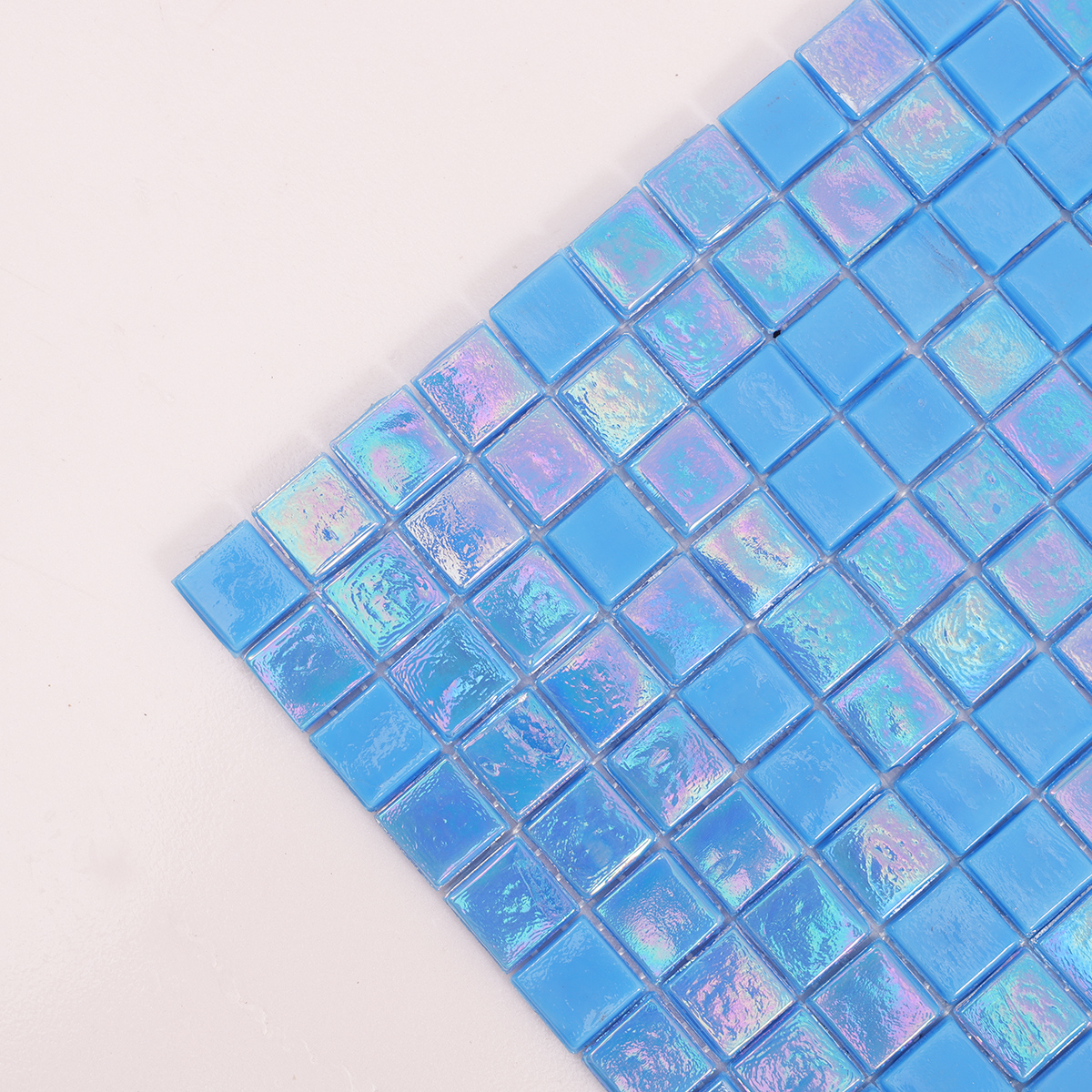 Detailed view of Iridescent Blue Glass Square Mosaic Floor Tile