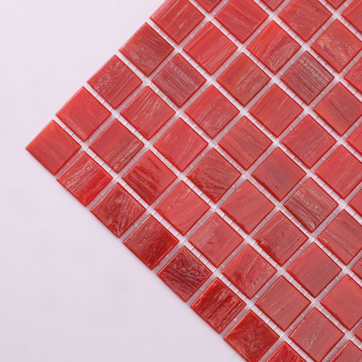  Close-up of Red Square Glass Mosaic Bathroom Wall Tile, highlighting glossy surface
