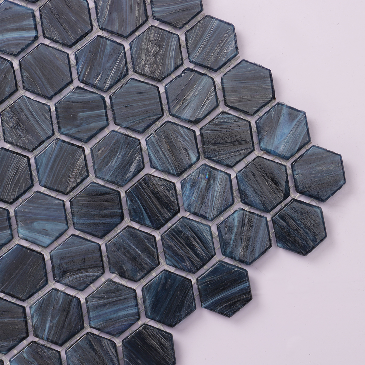 Detailed view of Navy Blue Hexagon Glass Mosaic Tile