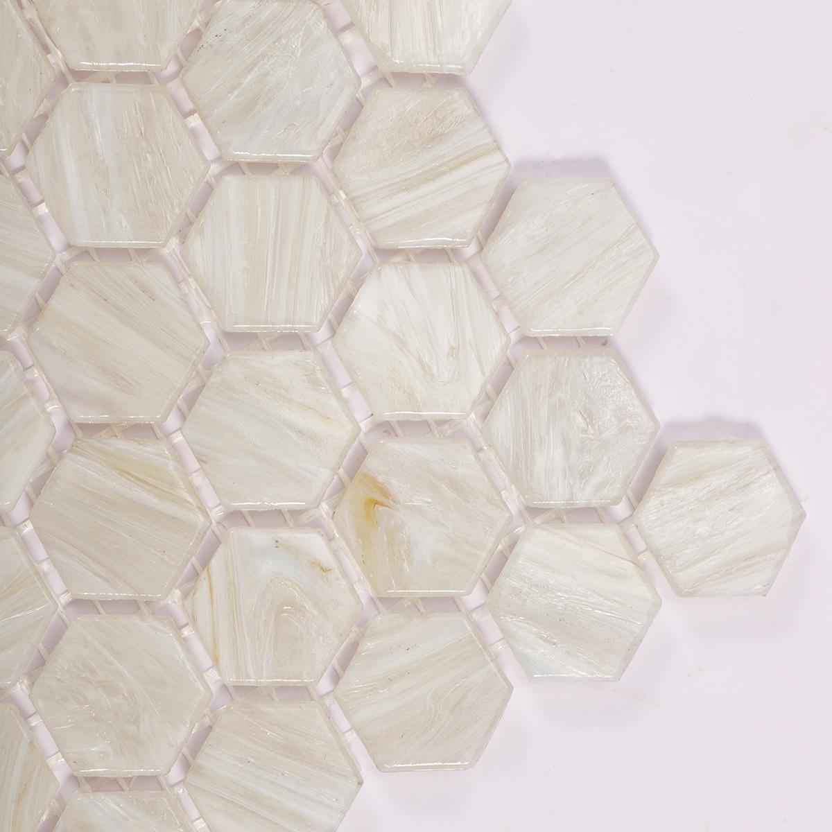 Close-up of Hexagon Beige Glass Mosaic Wall Tile