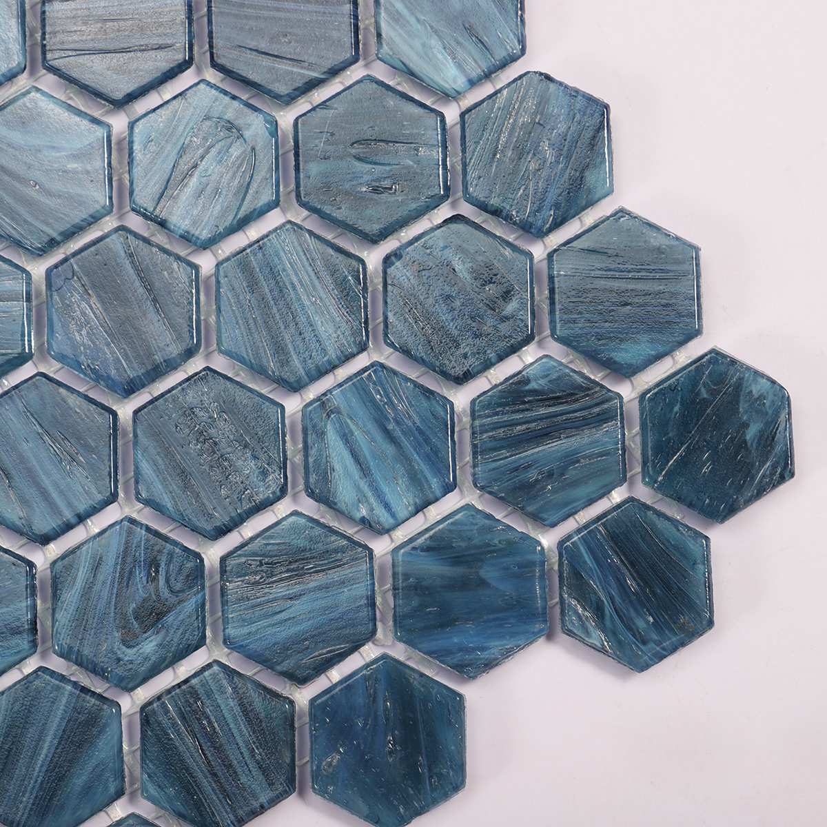 Detailed view of Navy Blue Hexagon Glass Mosaic Tile